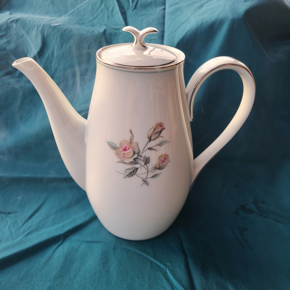 Noritake Margot 5605 Coffee Pot Large White Pink Rose Platinum Trim MCM Vintage